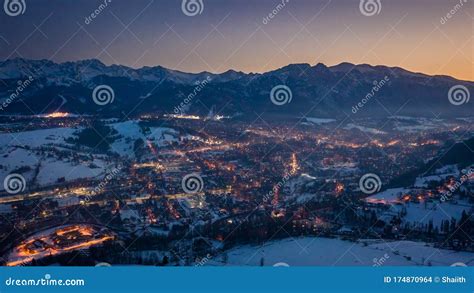 Beautiful Illuminated Zakopane City in Winter at Night, Aerial View Stock Photo - Image of night ...