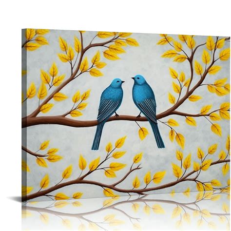 Gotuvs Tree Bird Canvas Wall Art Two Loving Birds On Yellow Tree Branch