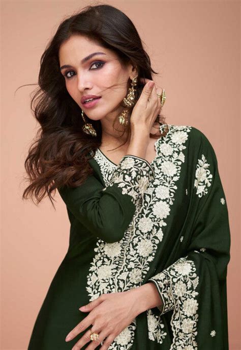 Buy Embroidered Art Silk Pakistani Suit In Olive Green Online