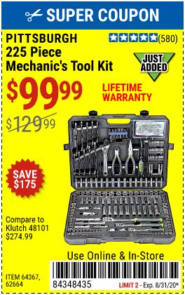 PITTSBURGH Mechanics Tool Kit 225 Pc For 99 99 Harbor Freight Coupons