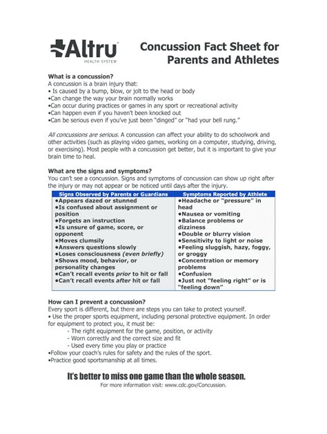 Fillable Online Altru Concussion Fact Sheet For HEALTH SYSTEM Parents