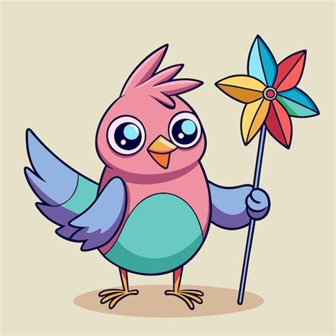 Sweet Bird With Colorful Toy Pinwheel Cartoon Vector Illustration