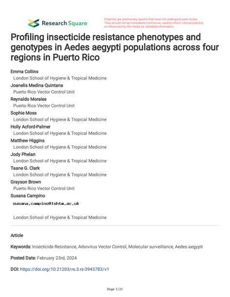 Pdf Profiling Insecticide Resistance Phenotypes And Genotypes In