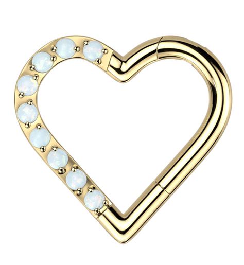 Gold Pvd Heart Half Lined White Opalite Titanium Hinged Segment Ring