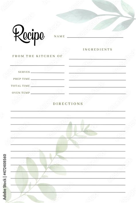 Blank Recipe Book Printable Template Blank Pages Sheet Organizer