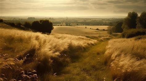 Premium Photo A Field Of Tall Grass With A Field Of Grass And A Hill