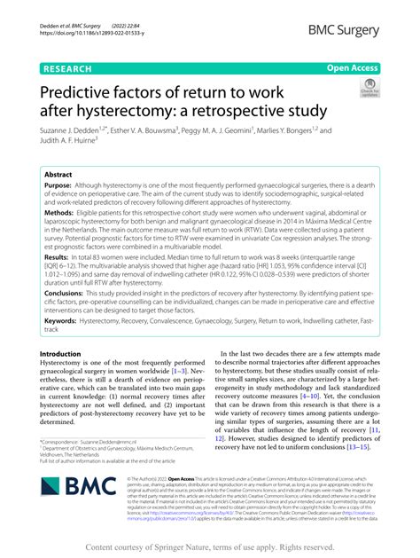 Pdf Predictive Factors Of Return To Work After Hysterectomy A