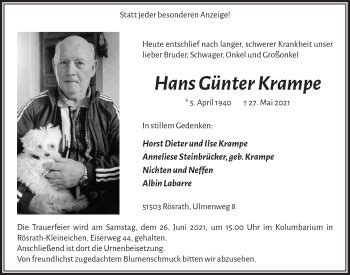 Traueranzeigen von Hans Günter Krampe WirTrauern