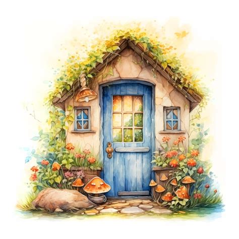 Premium Vector Fairy Tale House Surrounded By Flowers Watercolor Painted