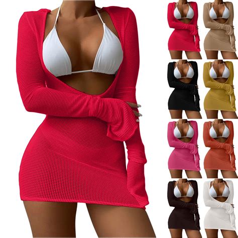 Jacenvly Cover Up Piece Bikini Sets For Women Cozy Long Sleeve Swimsuit Solid With Cover Up