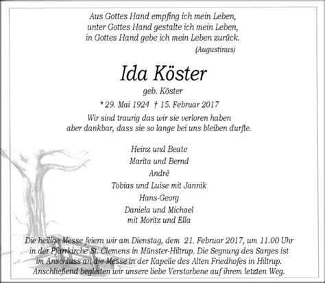 Traueranzeigen von Ida Köster trauer ms