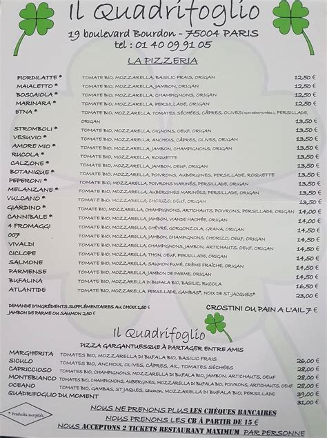 Menu At Il Quadrifoglio Restaurant Paris