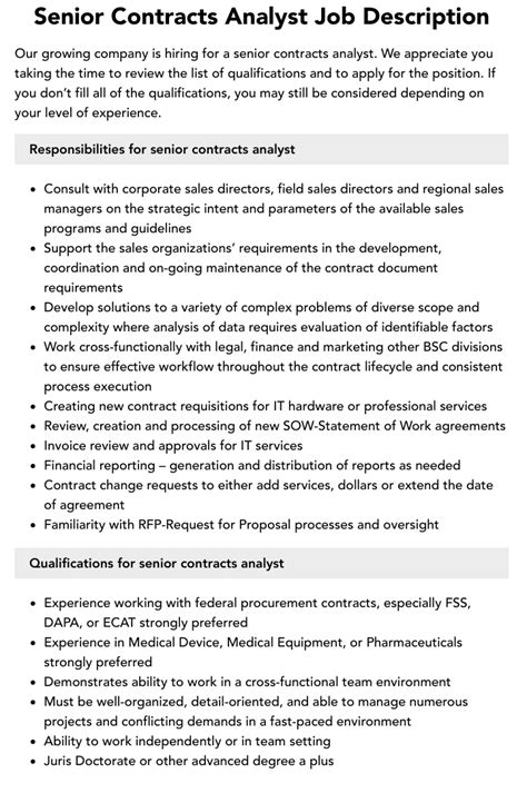 Senior Contracts Analyst Job Description Velvet Jobs