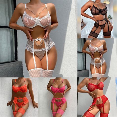 Grkn Womens Pcs Set Lace Lingerie See Through Bra Thong Suspender Stocking Underwear Shopee