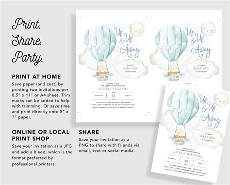 Up Up And Away Hot Air Balloon Boy Baby Shower Invitation Etsy