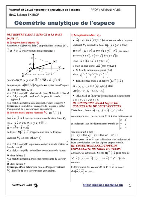 Solution Geometrie Analytique De L Espace Resume De Cours Studypool