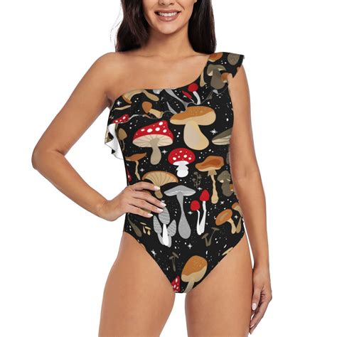 Easygdp Various Mushrooms Womens One Shoulder Ruffle Monokini Bathing