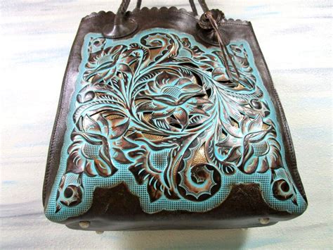 Patricia Nash Cavo Turquoise Tooled Leather Cut Out Tote Shopper Purse