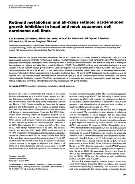 Pdf Retinoid Metabolism And All Trans Retinoic Acid Induced Growth