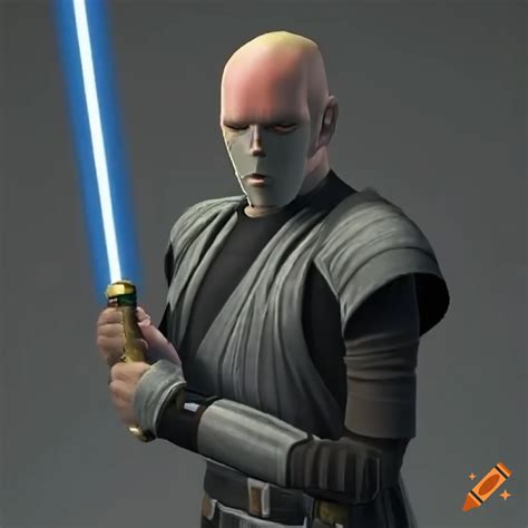 Cosplay Of A Bald Male Jedi Pilot In Armored Robes With A Lightsaber On