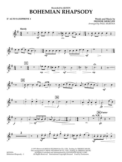 Bohemian Rhapsody Arr Paul Murtha Eb Alto Saxophone 1 By Queen