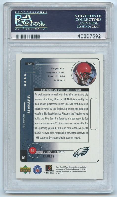 Donovan McNabb Rookie 1999 Upper Deck MVP 220 PSA 10 GEM MINT POP 27