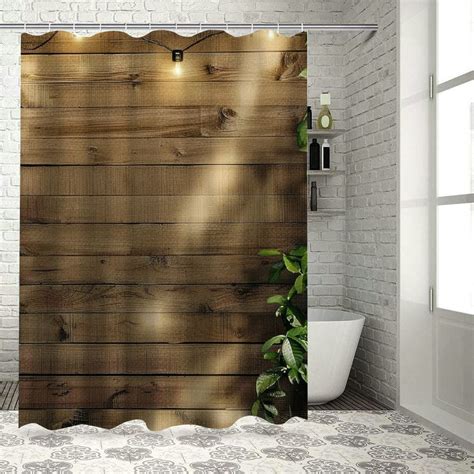 ONETECH Vintage Rustic Wooden Board Door Shower Curtain Green Leaves