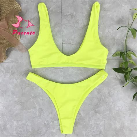 Pacento 3 Colors Fluorescent Yellow High Cut Bikini Brazilian Solid