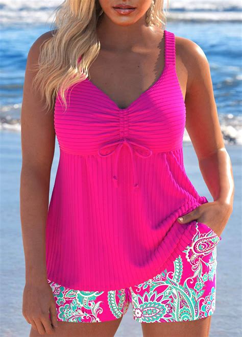 Drawstring Paisley Print Hot Pink Tankini Set Modlily USD