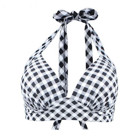 Cute Bikini Push Up Bikini Top Padded Vintage Two Piece Separate Sexy Halterneck Solid Plaid