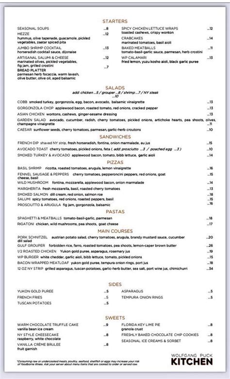 Menu at Wolfgang Puck Kitchen + Bar, The Villages