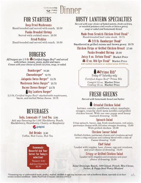 Dinner menu for The Rusty Lantern Diner near Idaho Falls | The Rusty ...