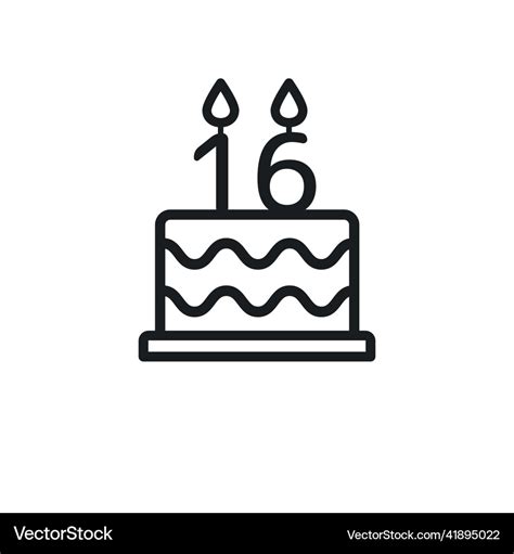 Birthday cake line icon with candle number 16 Vector Image