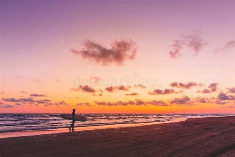 Het Brandingsmeisje Met Lang Haar Gaat Naar Het Surfen Silhouet Van Een