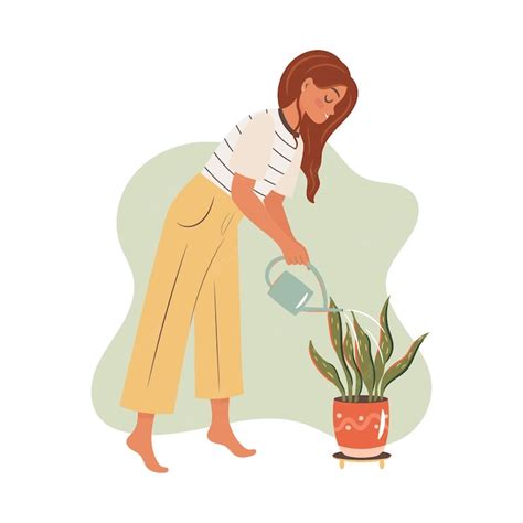 Premium Vector Woman Watering The Plant Vector Concept Illustration