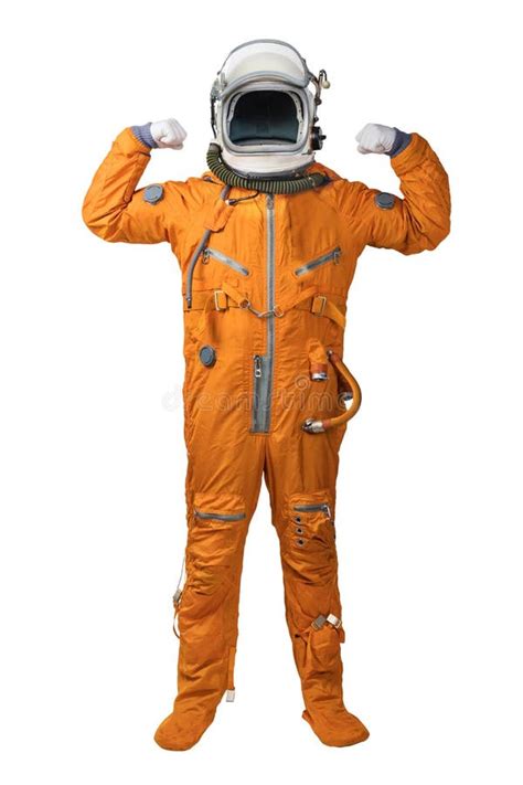 Astronauta Usando Um Traje Espacial Laranja E Capacete Mostrando Bíceps