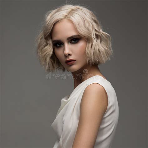 Portrait Of Blonde Woman With Curly Short Hair Stock Image Image Of Attractive Curly