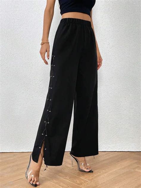 SHEIN Privé Pantalon ample taille haute à œillets à lacets fendu Mode