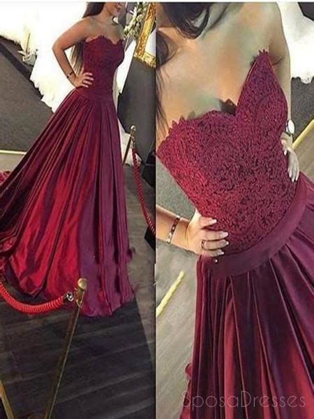 Sweetheart Neckline Maroon Lace Bodice A Line Long Evening Prom Dresses