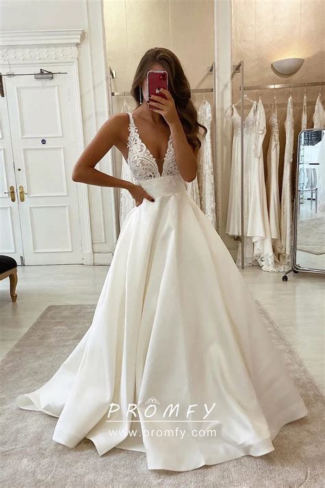 Ivory Lace And Satin Plunging V Neck Wedding Dress Promfy