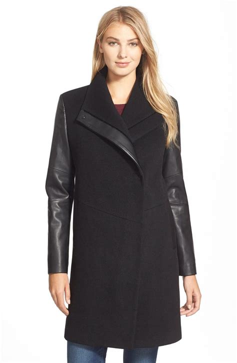 Vera Wang Taylor Faux Leather Sleeve Wool Blend Coat Nordstrom