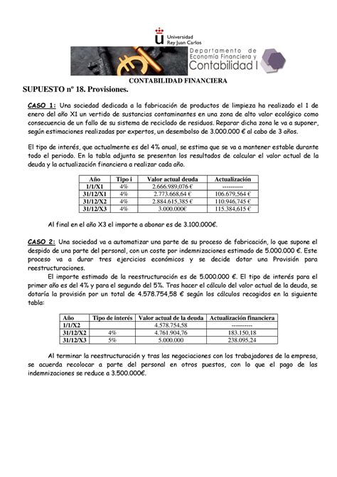 Supuesto 18 Provisones V CONTABILIDAD FINANCIERA SUPUESTO nº 18