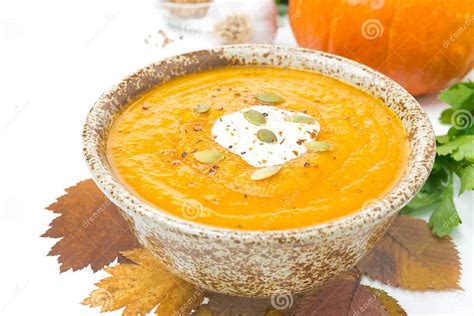 Pumpkin Soup With Coriander And Cream In A Bowl Isolated Stock Image Image Of Food Autumn