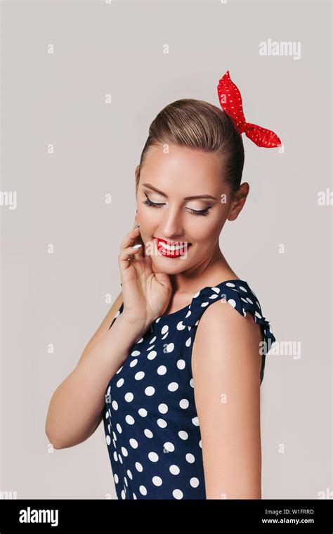 Portrait Of Smiling Pin Up Woman In Polka Dot Dress Cute Girl In Retro