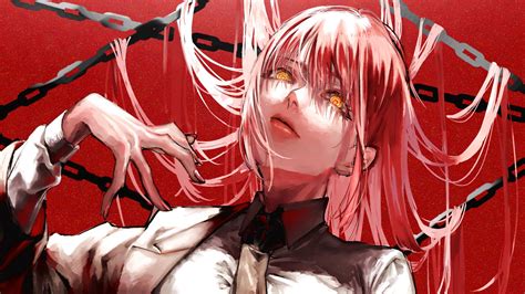 Wallpaper Chainsaw Man Makima Chainsaw Man Redhead Chains Red Background Yellow Eyes