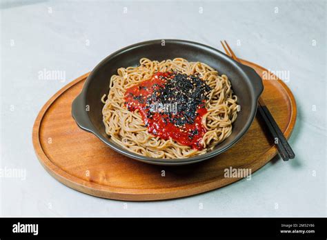 Bibim Memil Makguksu Korean Style Spicy Buckwheat Noodles Stock Photo