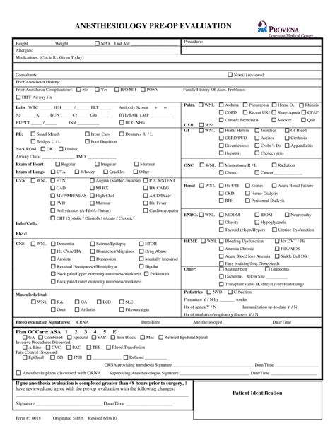 Pre Op Clearance Template