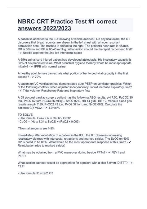 Nbrc Crt Practice Test Correct Answers Eng Stuvia Us