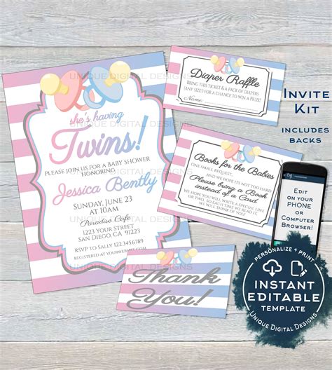 Editable Twins Baby Shower Invitation Kit Diaper Raffle Books For Bab