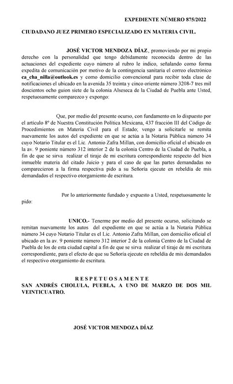 Solicitud de Firma de Escritura en Rebeldía - Expediente 875 - Studocu